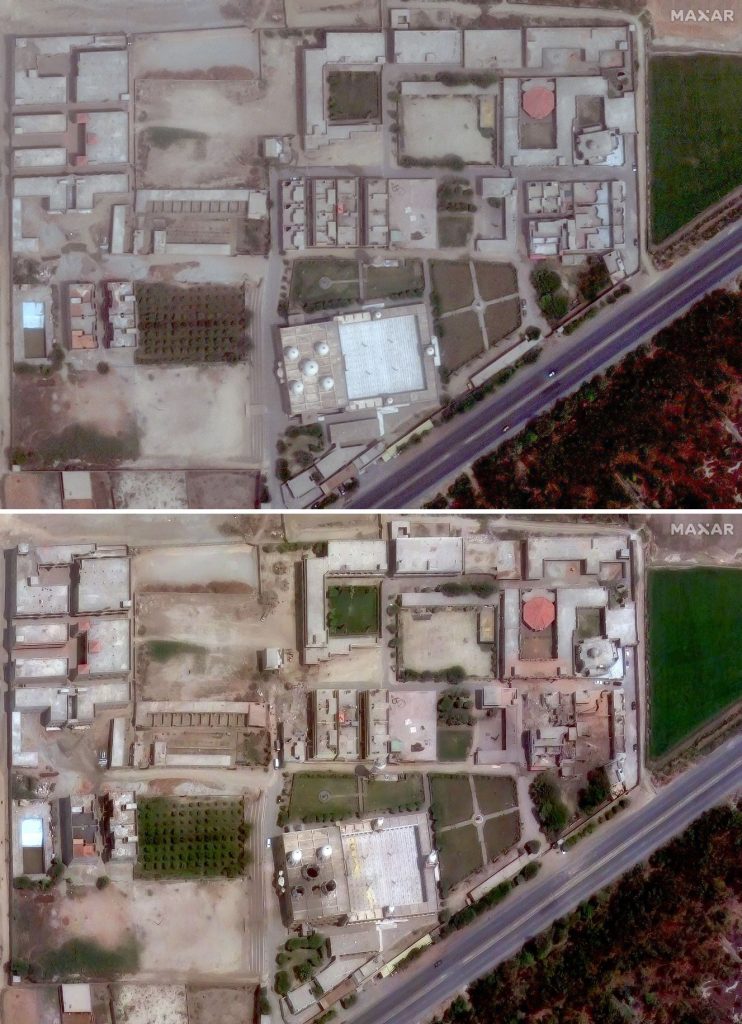 This combination of pictures created on May 8, 2025 using handout satellite images shows the Jamia Masjid Subhan Allah compound on May 2, 2025 (top), and on May 7, 2025 (bottom) after an Indian strike on the outskirts of Bahawalpur in Pakistan's Punjab.(AFP)